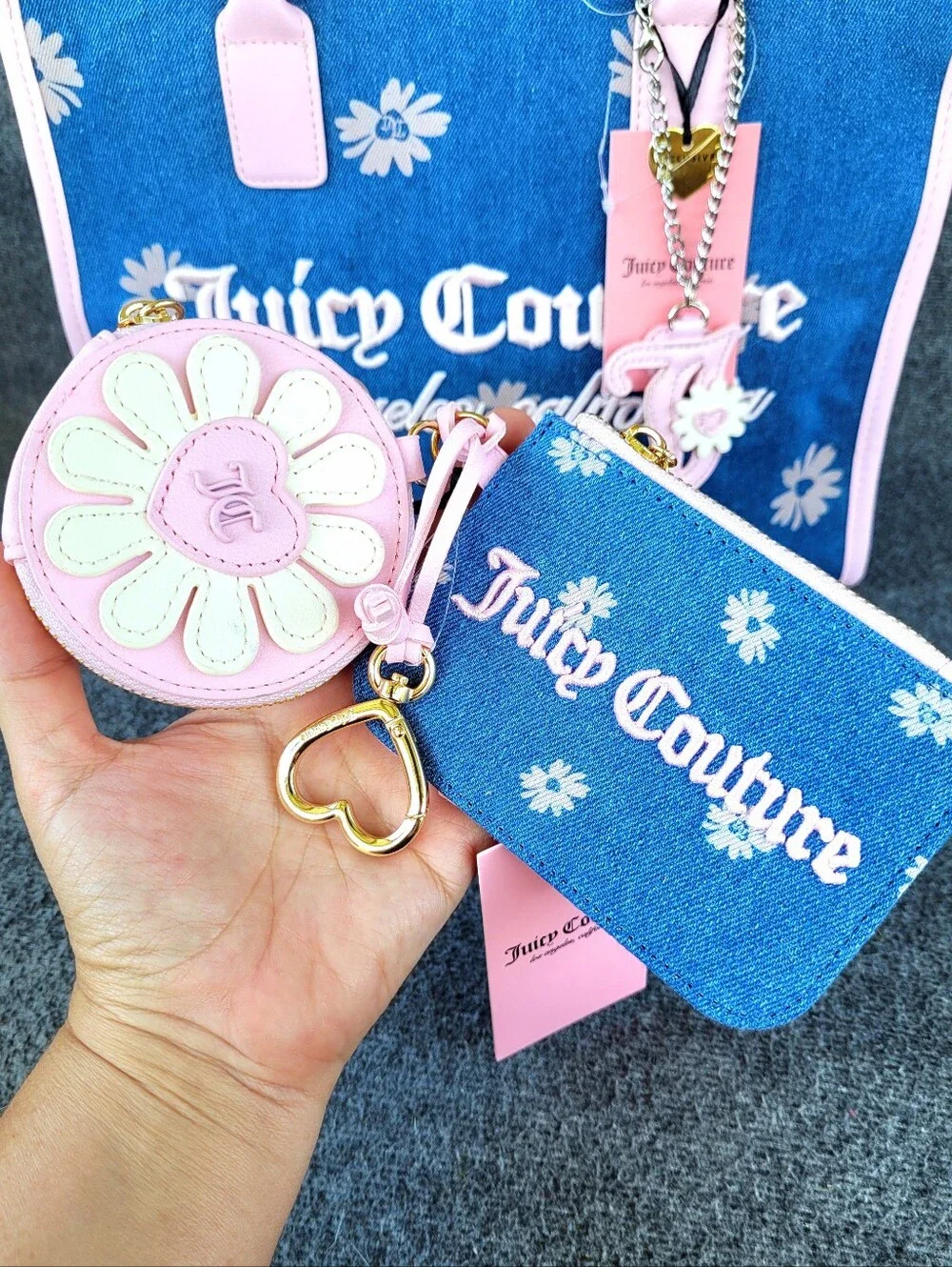 Juicy Couture Daisy For Juicy Tote Denim and Pink With Matching Card Wallet